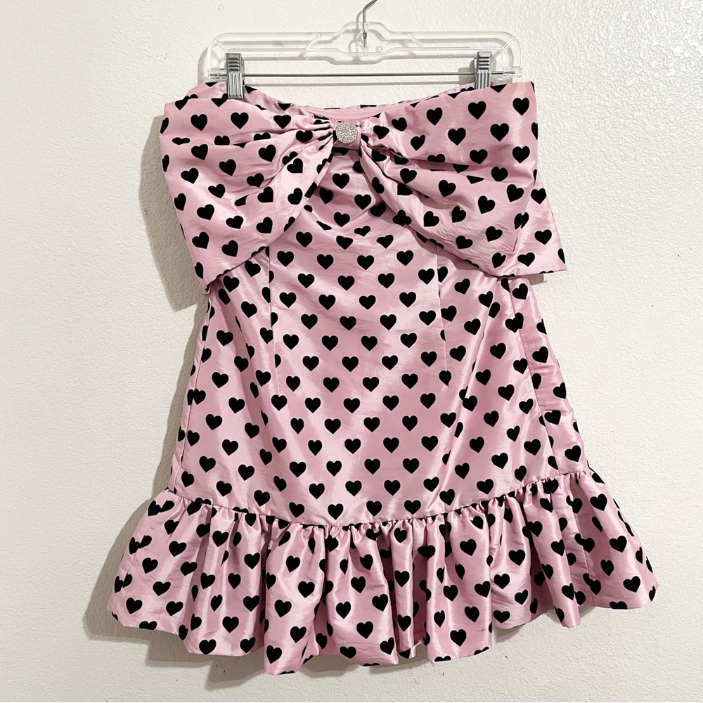LoveShackFancy Tilson Bow Front Mini Dress in Pink Black Velvet Heart Pattern - Picture 6 of 11
